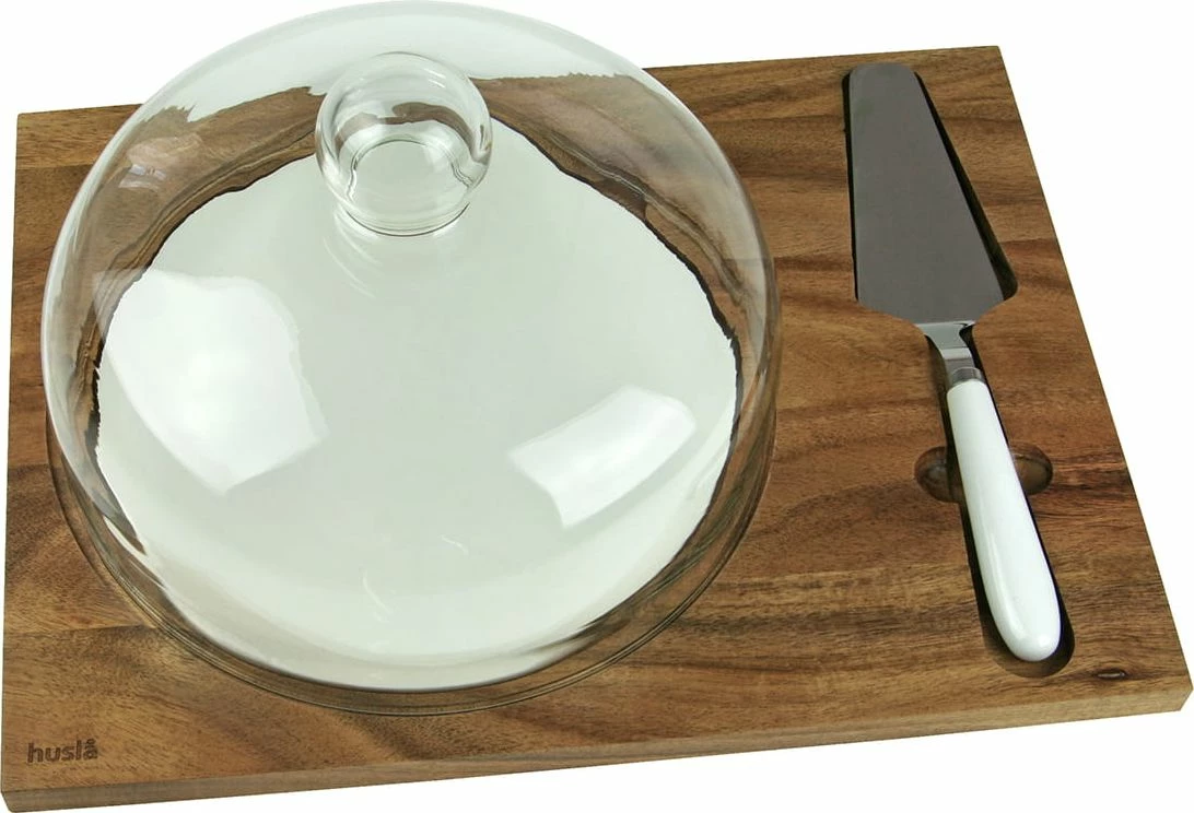 Dërrasë shërbimi për djathë Husla 73976, akacie 35x26 cm, pjatë porcelani 22 cm, kupolë qelqi, spatulë çelik, natyrale