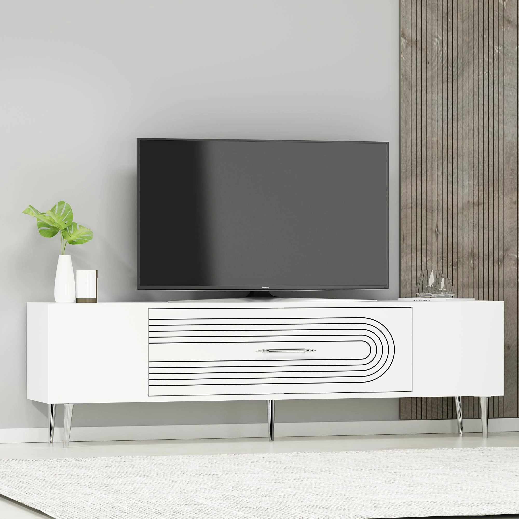 Komodë TV Skye Decor, e bardhë, argjend