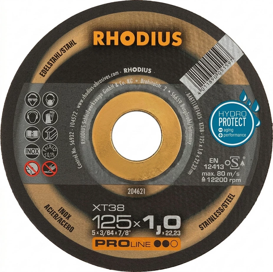 Disk prerës Rhodius XT38 PROline 125x1.0x22.23 mm, për inox/çelik