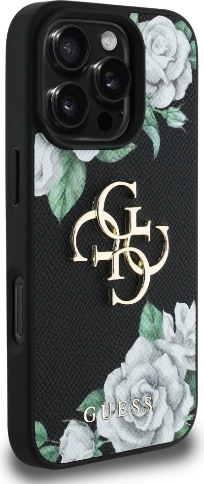 Mbështjellës Guess Grained Roses Big 4G logo për iPhone 16 Pro, i zi