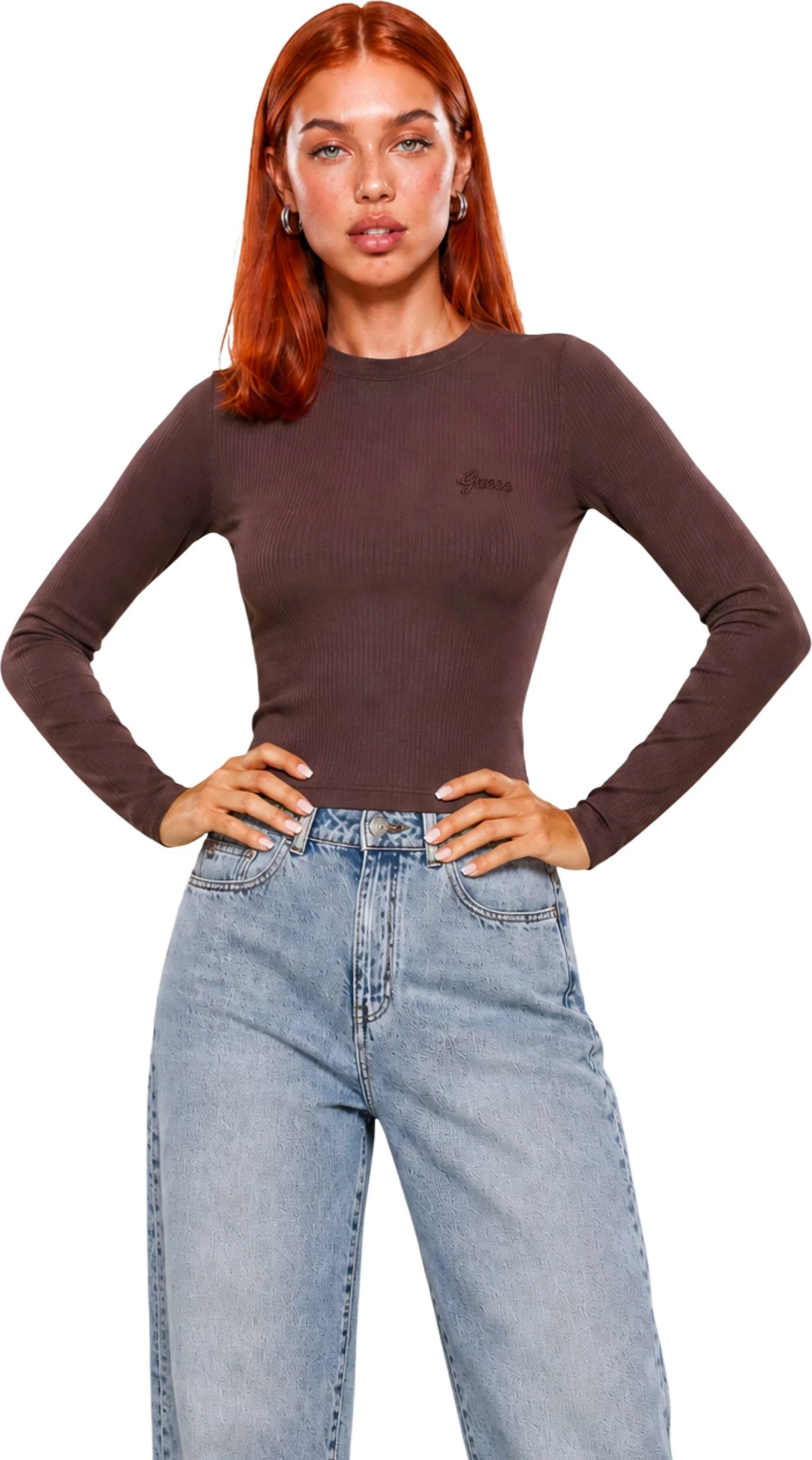 Maicë me mëngë të gjata Guess Active CHARA V6YP05 K4260 për femra, kafe [Madhësia: S]