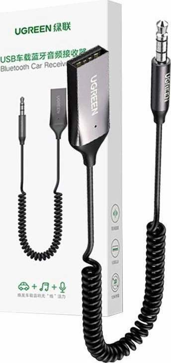 Adapter Bluetooth për veturë Ugreen 70601B, Bluetooth 5.0, AUX 3.5mm + USB, me mikrofon, 10 m, gri