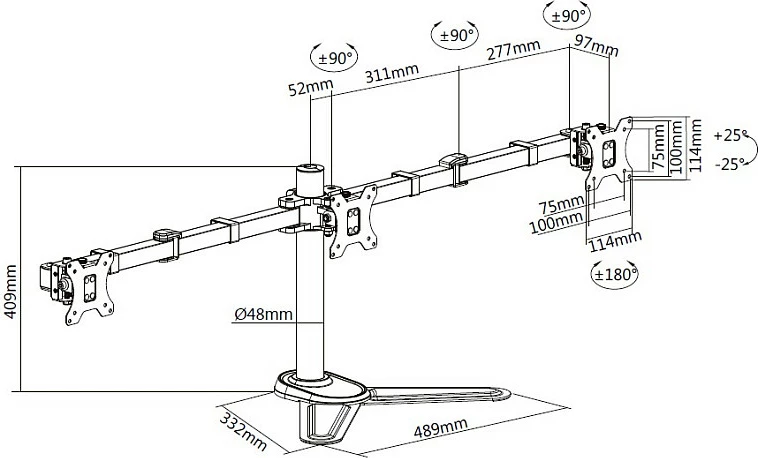 Mbajtës monitori EQUIP 650125, për tavolinë, 3 ekrane 17-27", VESA 75x75/100x100, 360° rrotullim, i zi