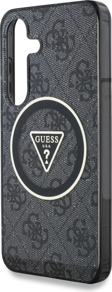 Mbështjellës Guess 4G Glitter Triangle Buttons MagSafe për Samsung Galaxy S25, i zi