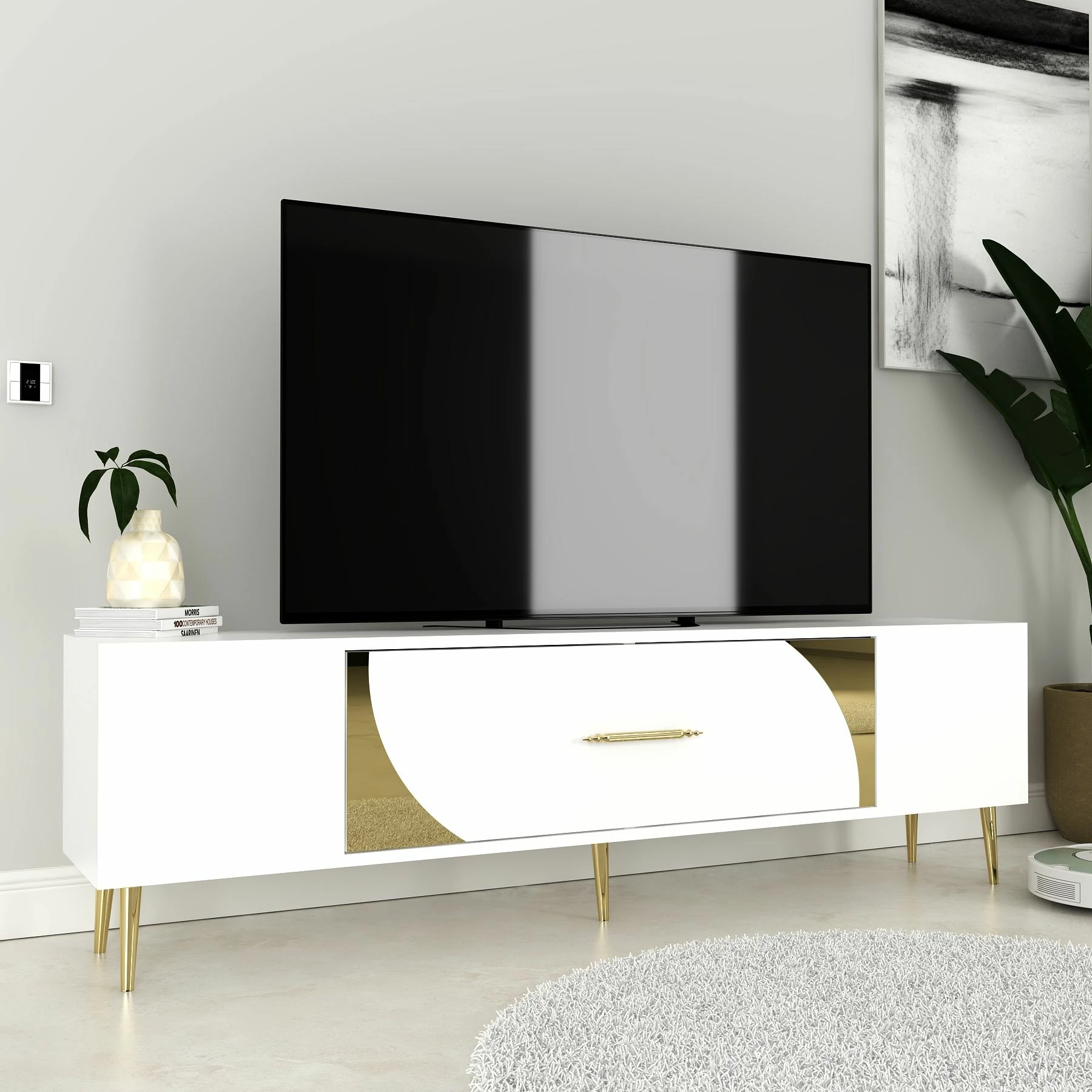 Komodë për TV, Skye Decor, e bardhë dhe ari, Dekop2