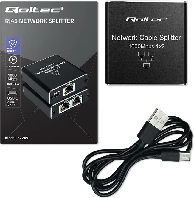 Switch rrjeti Qoltec Splitter Mini 1x2 RJ45, 1000Mbps, USB-C, Alumini, i zi