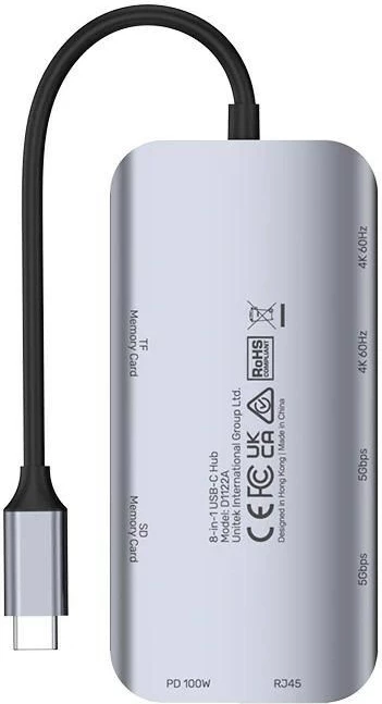 Hub UNITEK USB-C, 2x HDMI 4K, RJ45, PD 100W, Gri