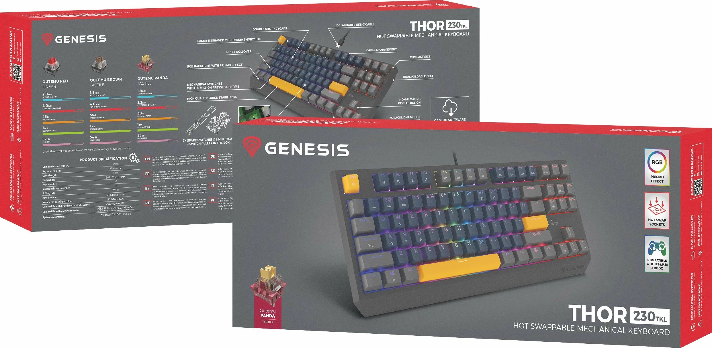Tastierë mekanike gaming Genesis Thor 230 TKL NKG-2163, Outemu Panda, USB, RGB, layout US, Hot Swap, blu