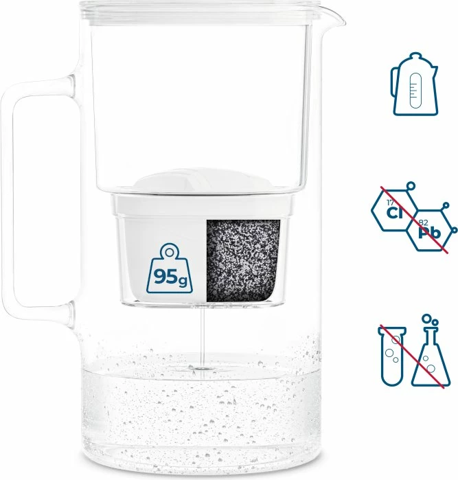 Bokall filtrues uji Wessper Aquamax Crystalline 2.5 L qelq borosilikat, i bardhë, set me 1 fishek