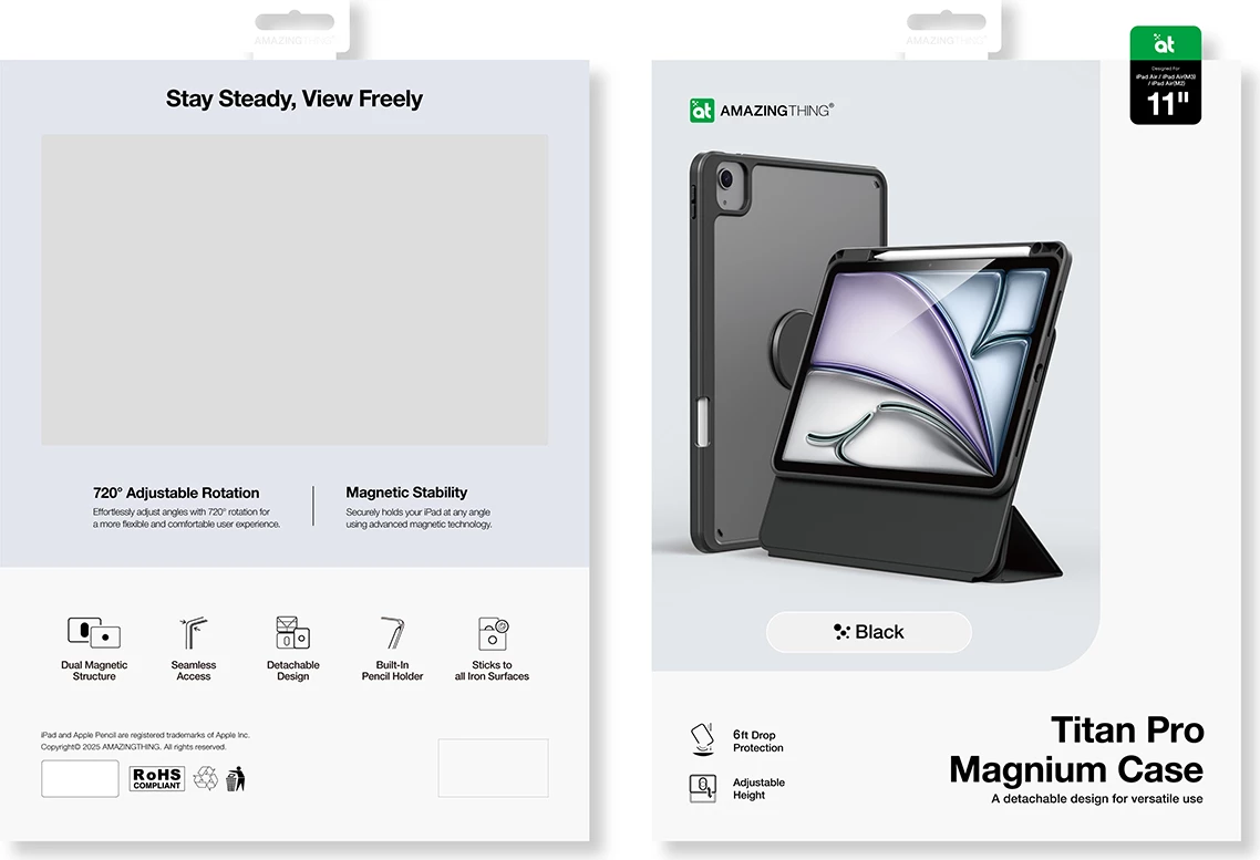 Mbështjellës tablet AmazingThing Titan Pro Mag Case për iPad Air 11" M3/M2 dhe 10.9" (5 gjeneratë), 720° rrotullim, mbajtëse Apple Pencil, i zi