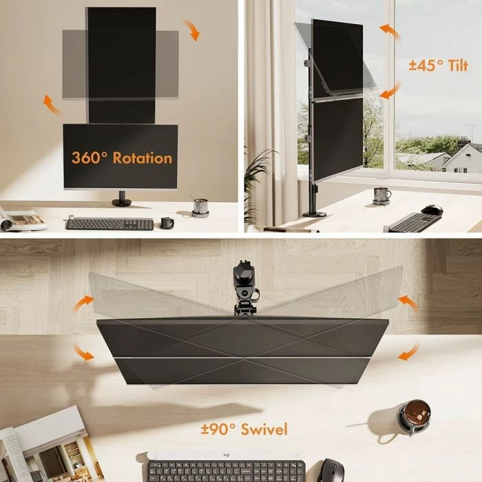 Mbajtëse monitori dual tavoline VONHAUS 3000112 për 2 ekrane 13-32", VESA 75x75-100x100, clamp/grommet, e zezë