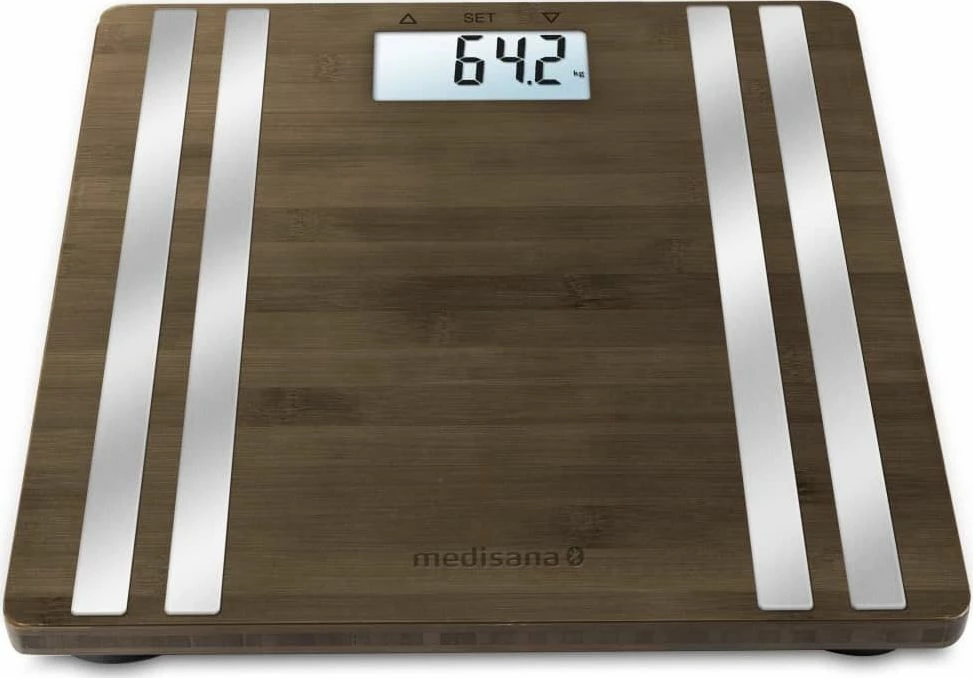 Peshore elektronike banjoje Medisana BS 552 Connect, analizë kompozimi trupi, Bluetooth, 160 kg, bambu, kafe e errët