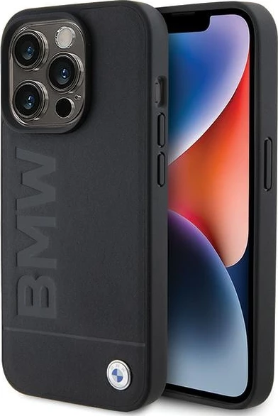 Mbështjellës BMW Leather Hot Stamp për iPhone 15 Pro Max, lëkurë origjinale, i zi