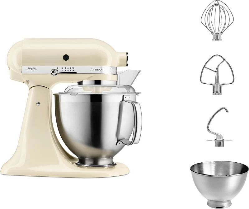 Mikser planetar KitchenAid Artisan 5KSM185PSEAC 4.8L, set me 2 tasa (4.8L + 3L), krem