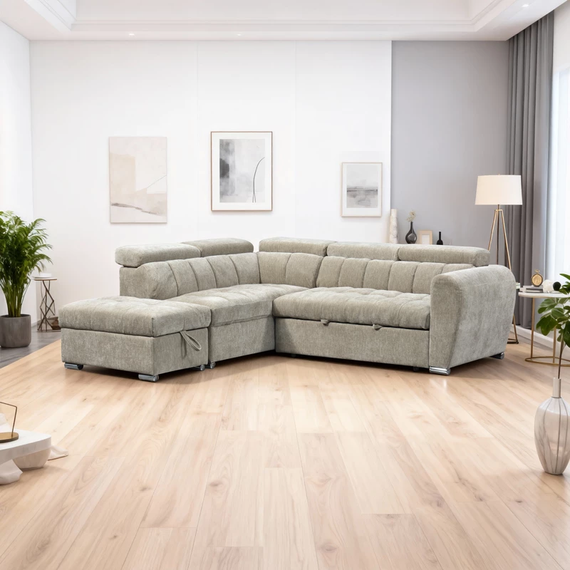 Kënd-sofë krevate me kënd të djathtë Nuvora, me hapësirë për depo, kadife korduroj, bezhë, 244x225x79cm