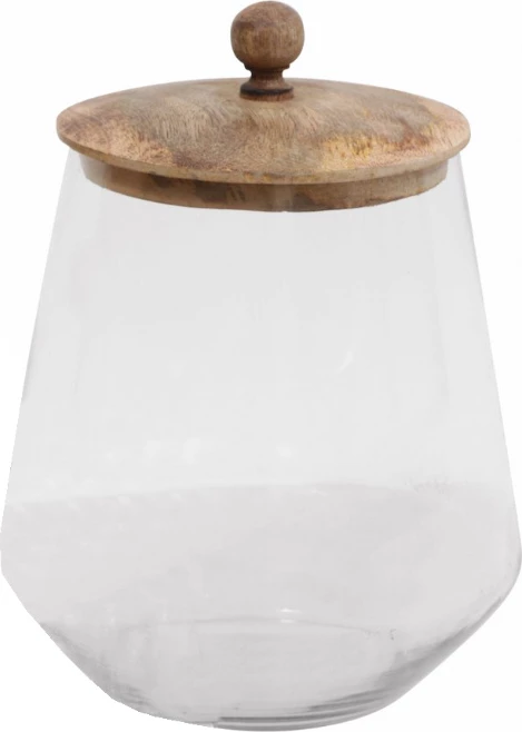 Kavanoz ruajtës me kapak, xham transparent, kapak druri natyral, 18x18x26cm