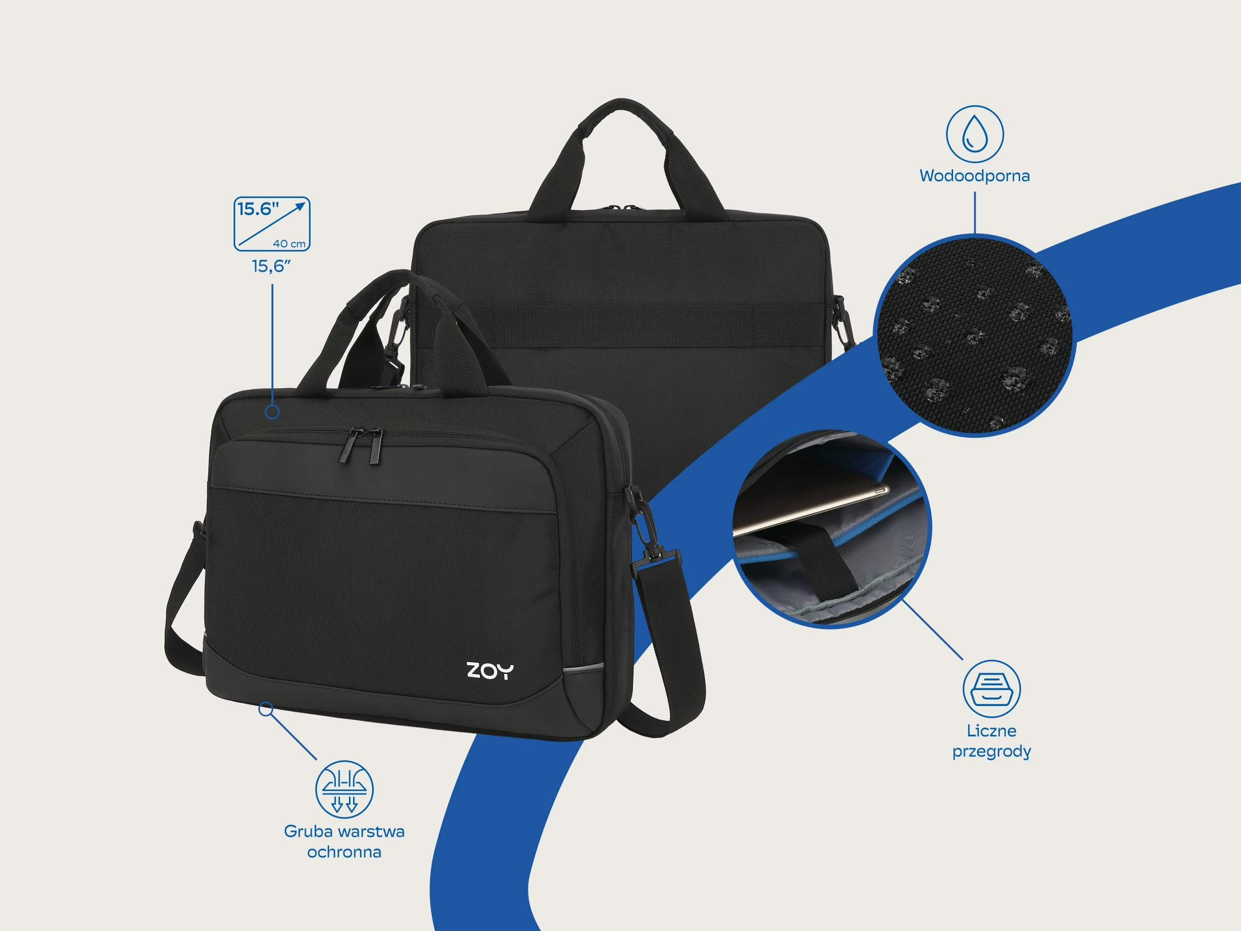 Torbë laptopi ZOY ProBag ZLB16 16", e papërshkueshme nga uji, poliuretan, zezë/gri