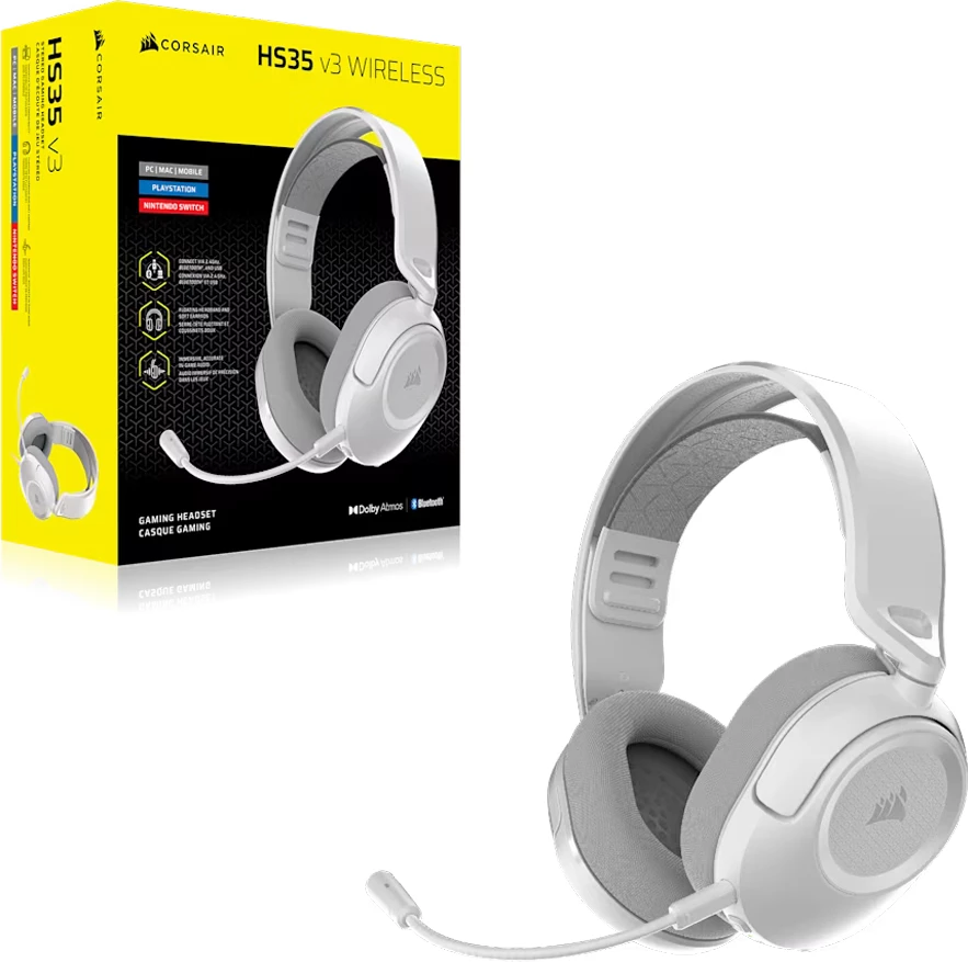 Kufje gaming CORSAIR HS35 V3, wireless 2.4GHz/Bluetooth, stereo, mikrofon i heqshëm, 30 orë bateri, të bardha