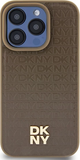 Mbështjellës DKNY Leather Pattern Metal Logo MagSafe për iPhone 14 Pro Max, kafe