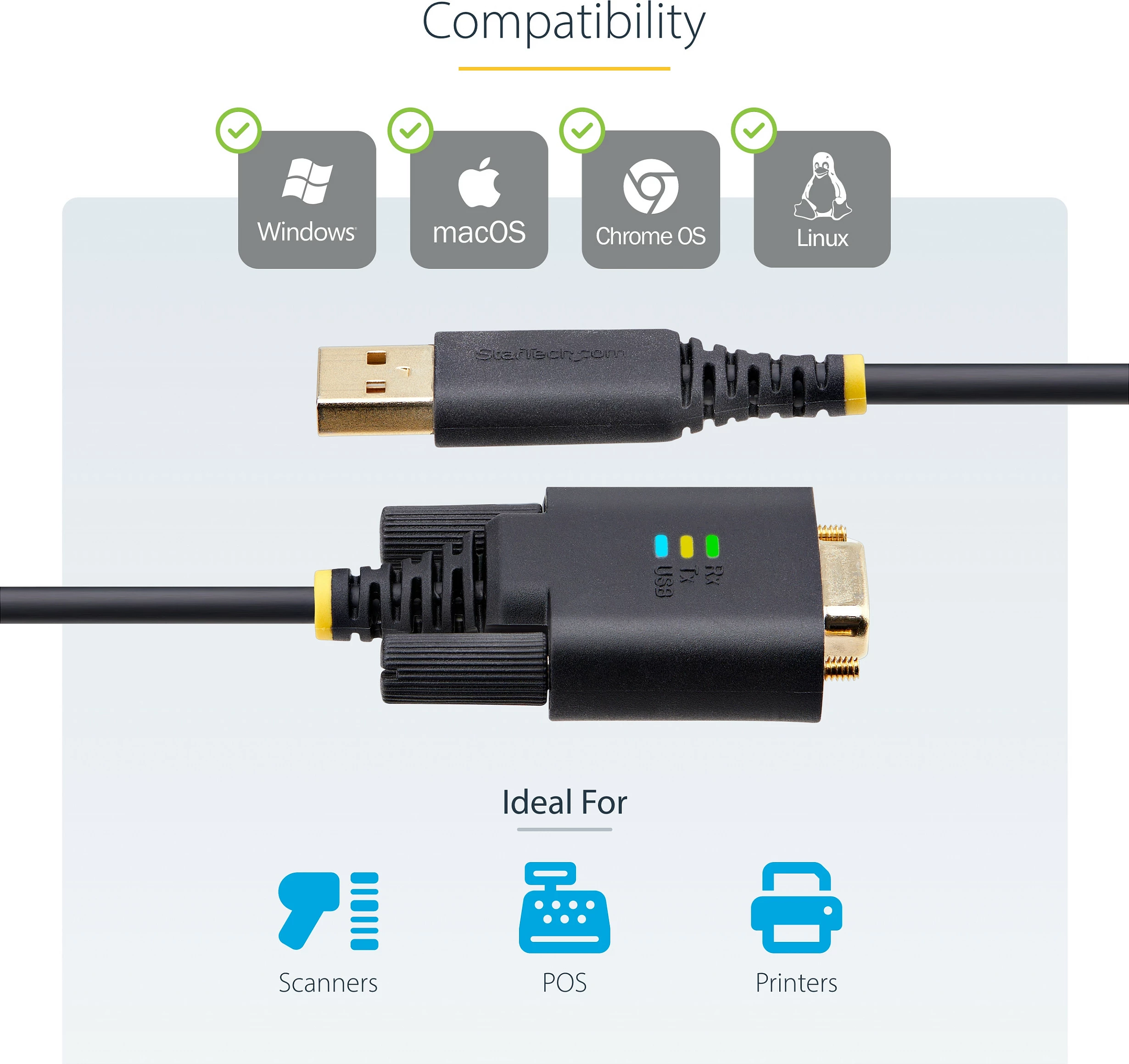 Kabllo adapter StarTech USB-A në Serial RS232 DB9, 2m, FTDI, e zezë