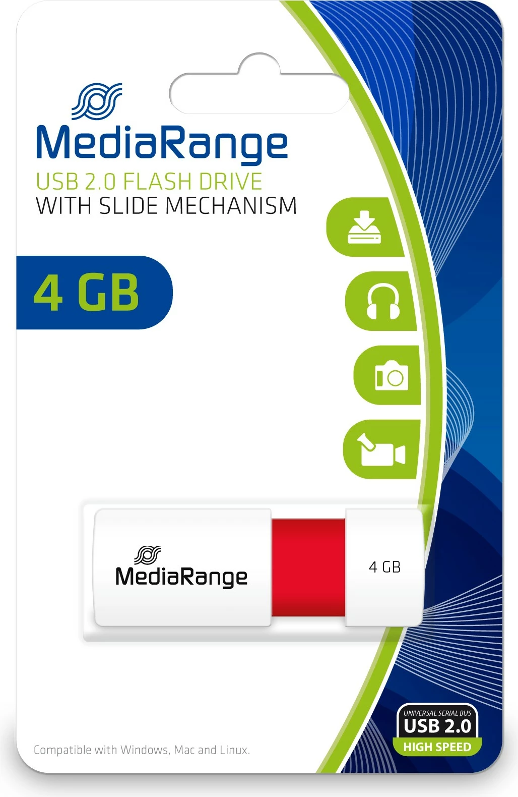 USB stick MediaRange 4GB, USB 2.0, slider, kuqe