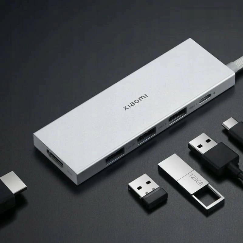 Hub USB-C Xiaomi 5-in-1 Type-C Hub, 3x USB-A 3.0 + HDMI 4K@60Hz + USB-C (karikim & data), argjendtë