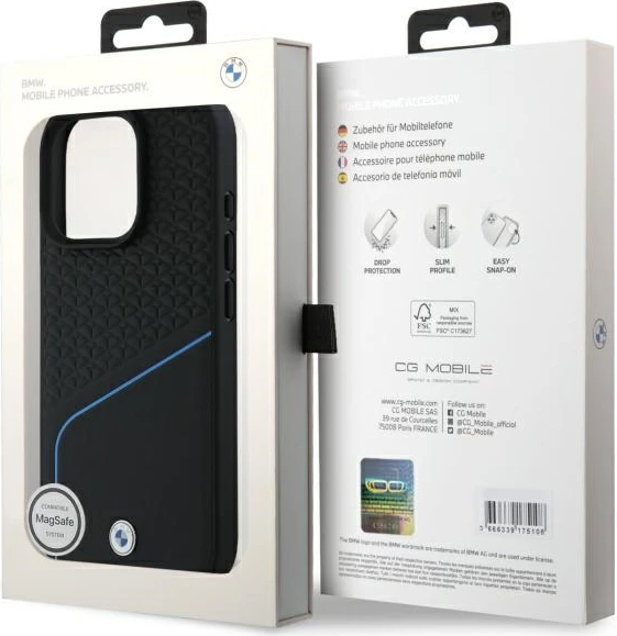 Mbështjellës BMW Sign Leather Textured And Line MagSafe për iPhone 16 Pro Max, i zi