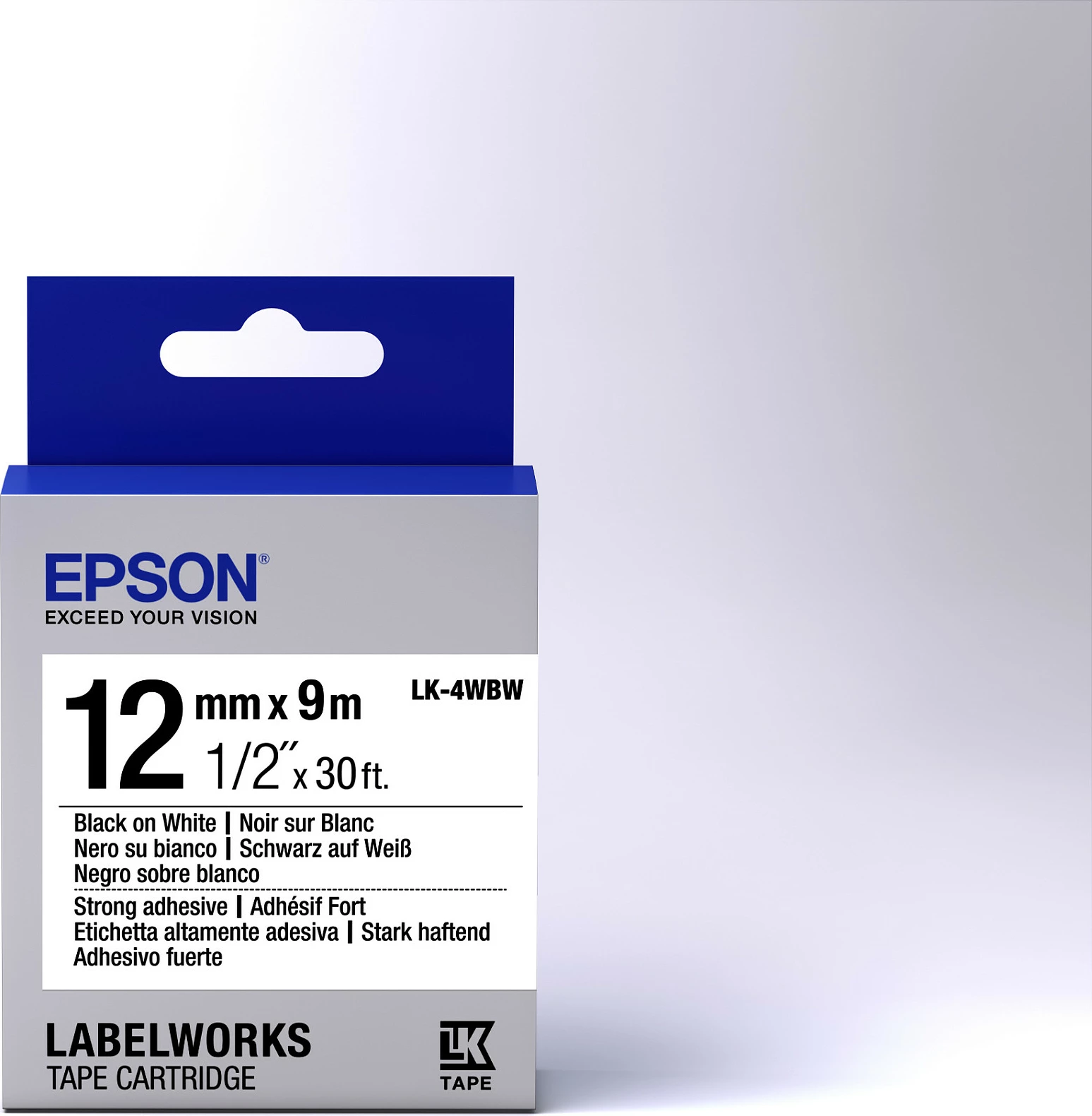 Kasetë shirit etikete Epson LabelWorks LK-4WBW, 12mm x 9m, ngjitje e fortë, e zezë në të bardhë