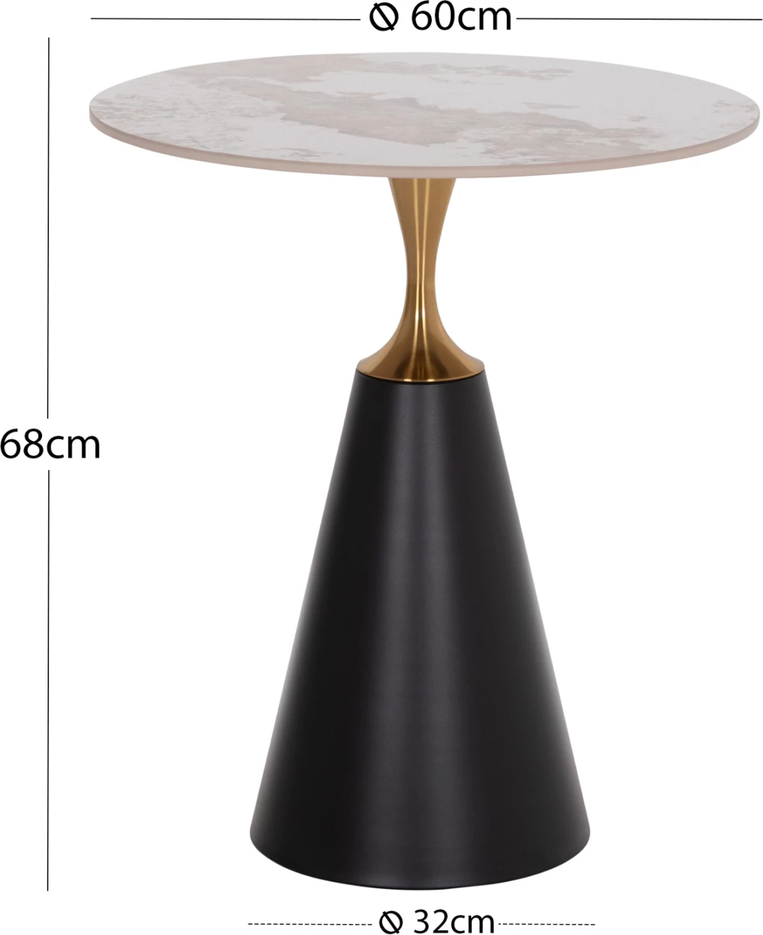 Tavolinë anësore Tucana, bazë metalike e zezë, detaje ari, sipërfaqe guri Pandora