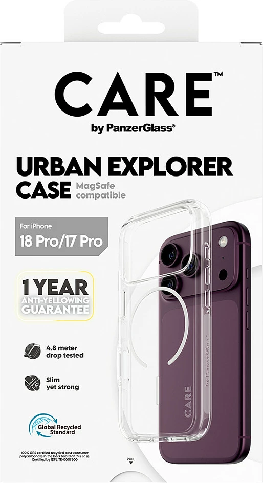 Mbështjellës PanzerGlass CARE Urban Explorer, MagSafe, për iPhone 17 Pro, transparent/te bardhë