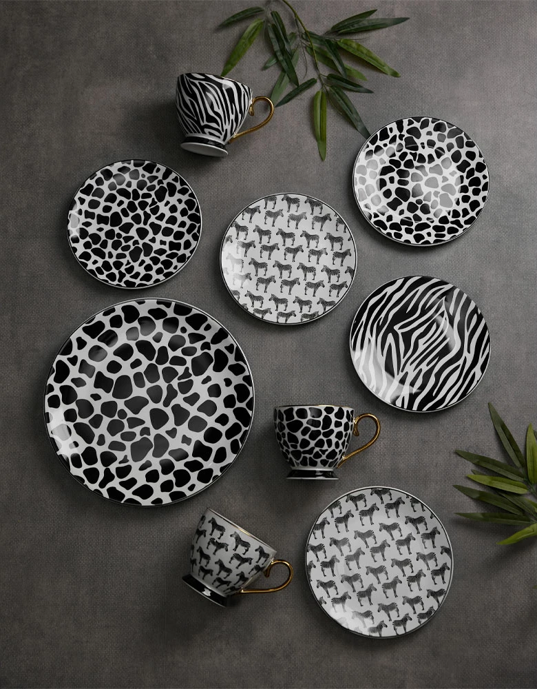 Set pjatash ëmbëlsirash SAFARI, 7 copë, porcelan New Bone China, bardhë e zi, 30x30x3cm