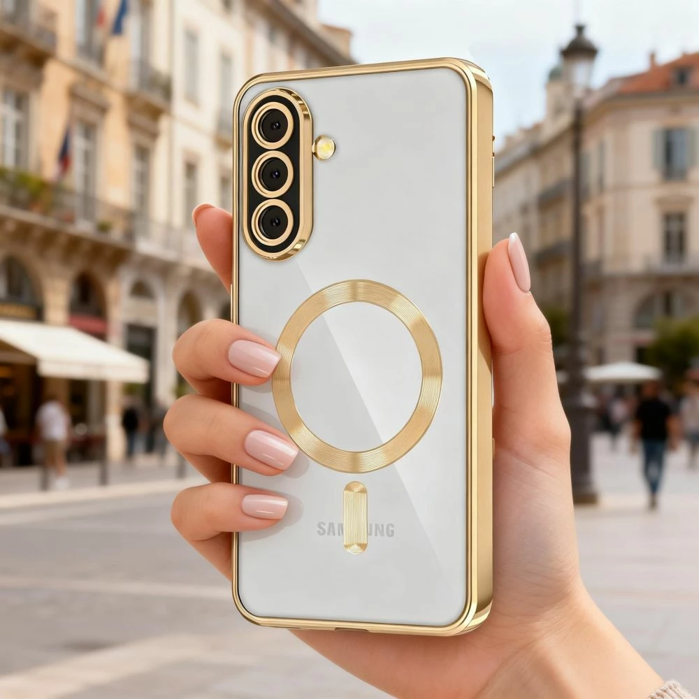 Mbështjellës Tech-Protect MagFlex MagSafe për Samsung Galaxy A57 5G, transparent me kornizë të artë