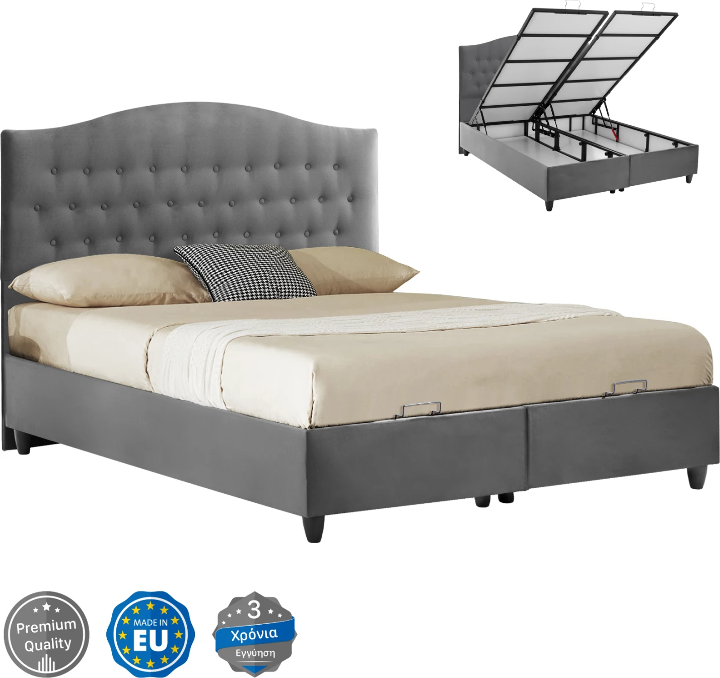 Krevat MALENA, kadife gri, me hapësirë ruajtjeje, i qepur, 160x200