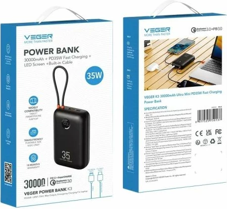 Powerbank VEGER W3018 30000mAh 35W me kabllo të integrume (USB-C/Lightning), e zezë