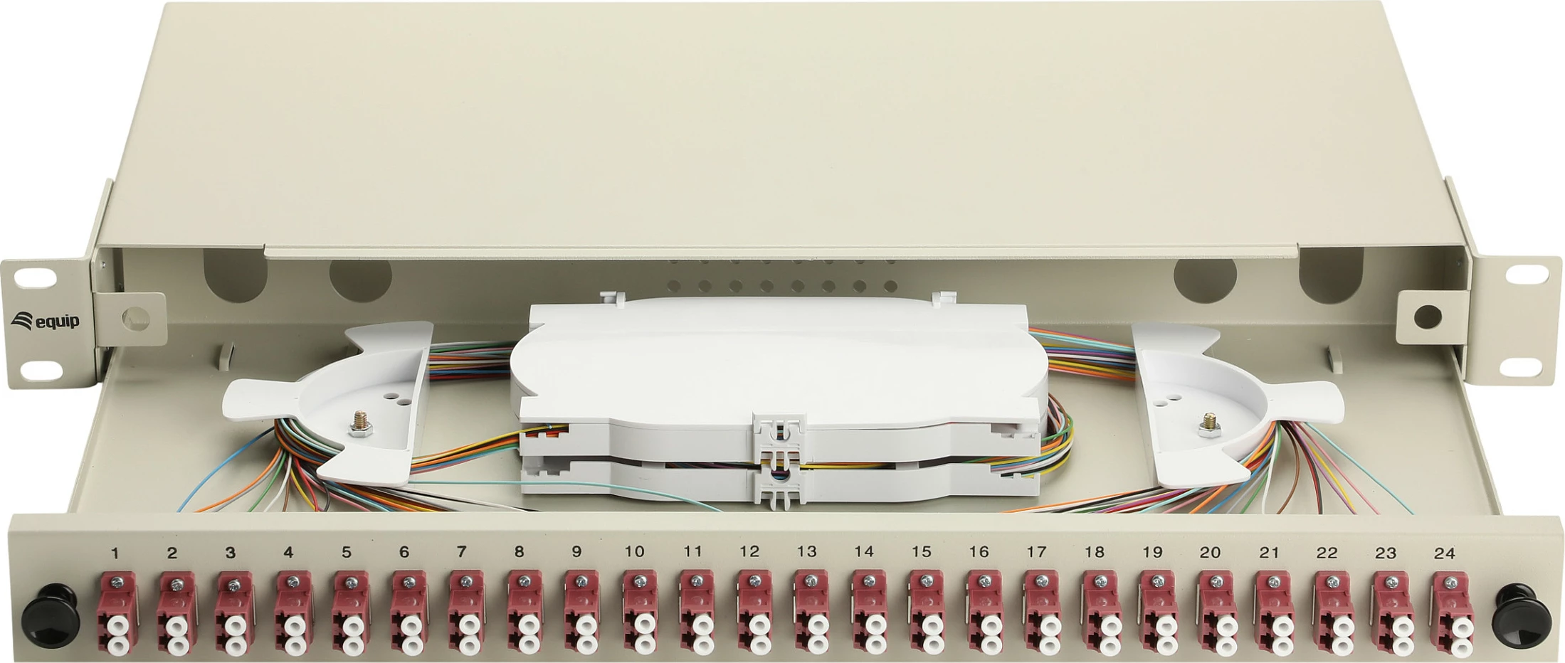 Kuti splice fibër optike Equip 337215, 24-portë, LC duplex, OM4, 1U rack, gri