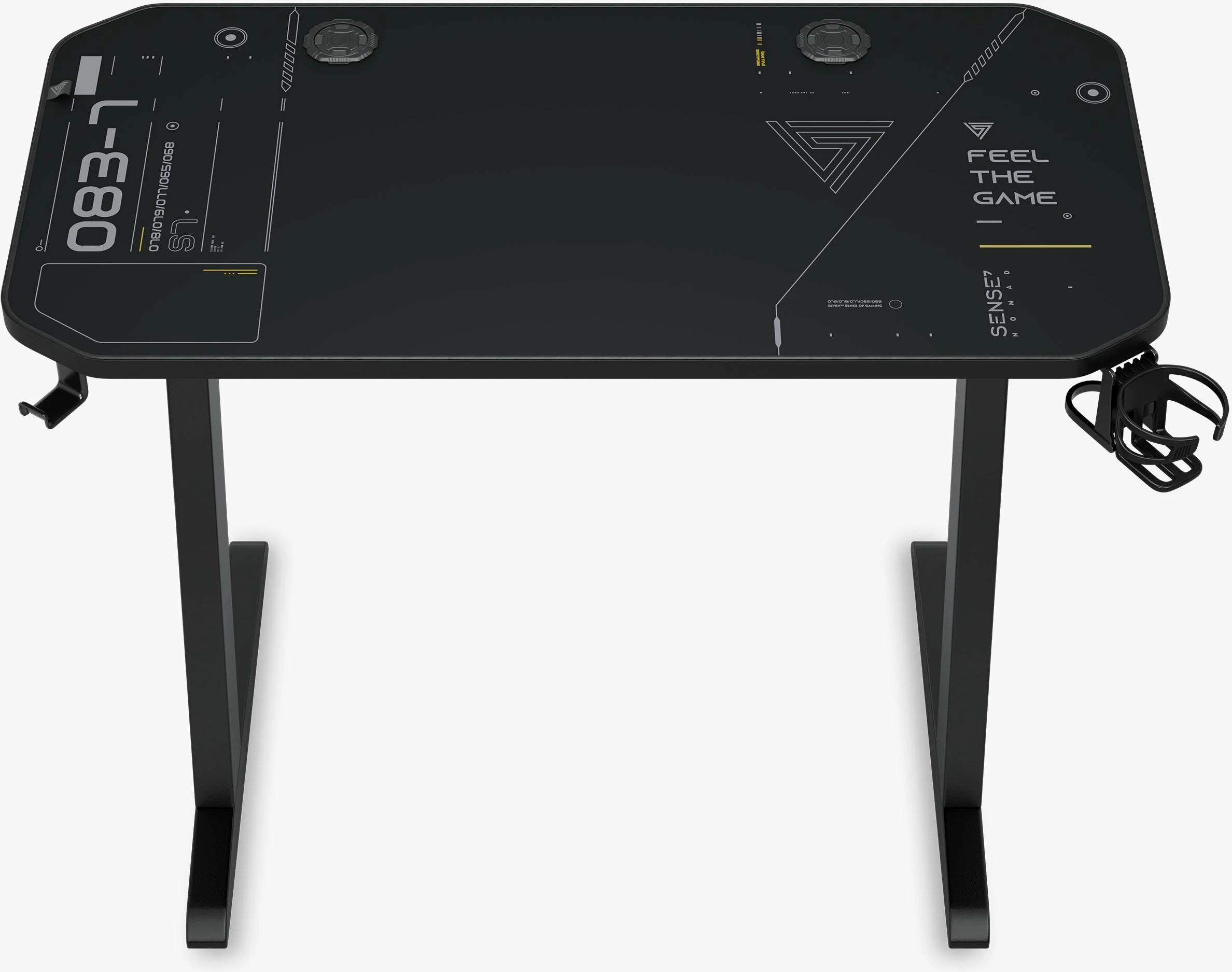 Biurko gaming SENSE7 Nomad Cybernetic 100×50 cm, me mbajtëse kufjesh/filxhani dhe menaxhim kabllosh, e zezë