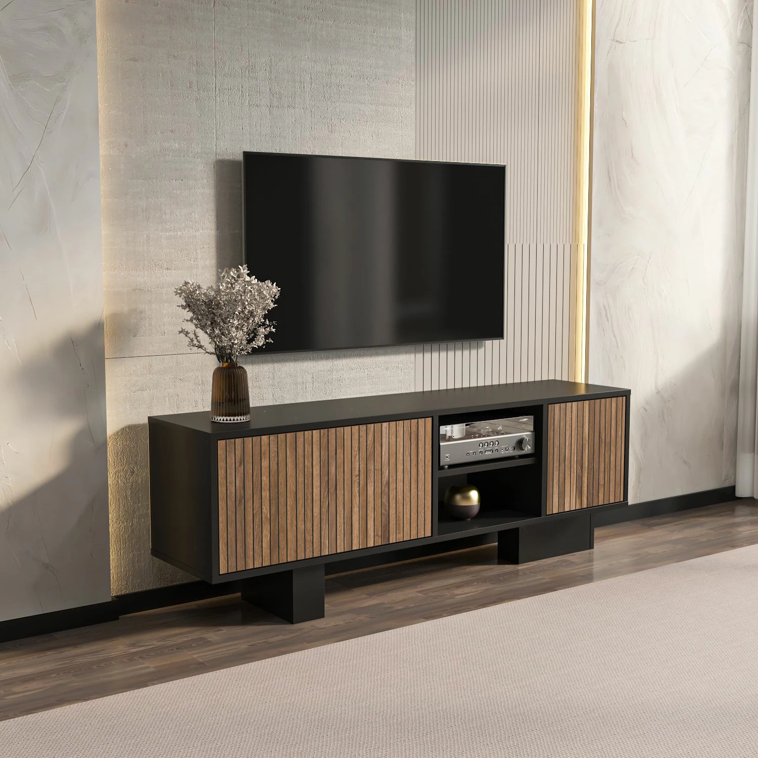 Komodë TV Skye Decor, ngjyrë monako, e zezë dhe kafe