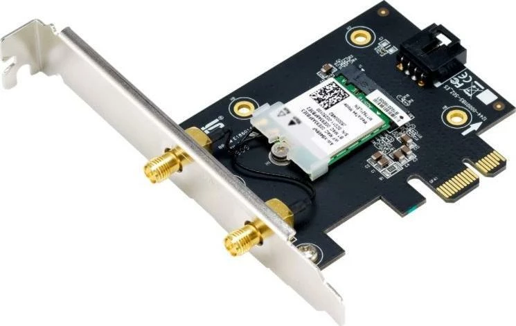 Kartelë rrjeti Wi‑Fi Asus PCE-AX1800 (90IG07A0-MO0B00) PCIe, Wi‑Fi 6 AX1800, Bluetooth 5.2, 2 antena të jashtme, e zezë