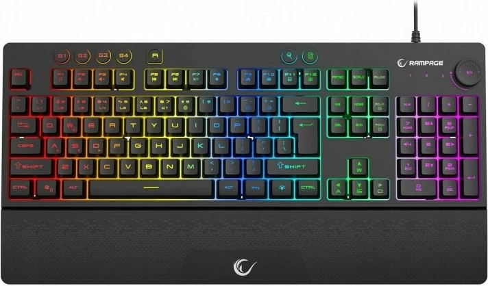 Tastierë gaming Rampage Simula KB-GX65, membranë 100%, RGB 7 moda, USB me kabllo 1.8 m, 4 tasta makro, Anti-Ghosting 26 tasta, layout US, me pushim dore, e zezë, 1 copë