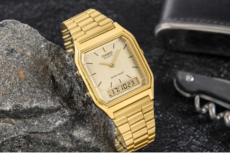 Orë dore për meshkuj Casio Vintage AQ-230GA-9DMQYES, e artë, me kuti
