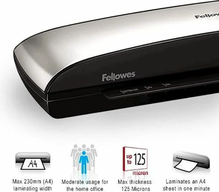 Laminator Fellowes Spectra A4, 2 rula, Auto Shut Off, me 10 qese laminimi, i zi/argjendtë