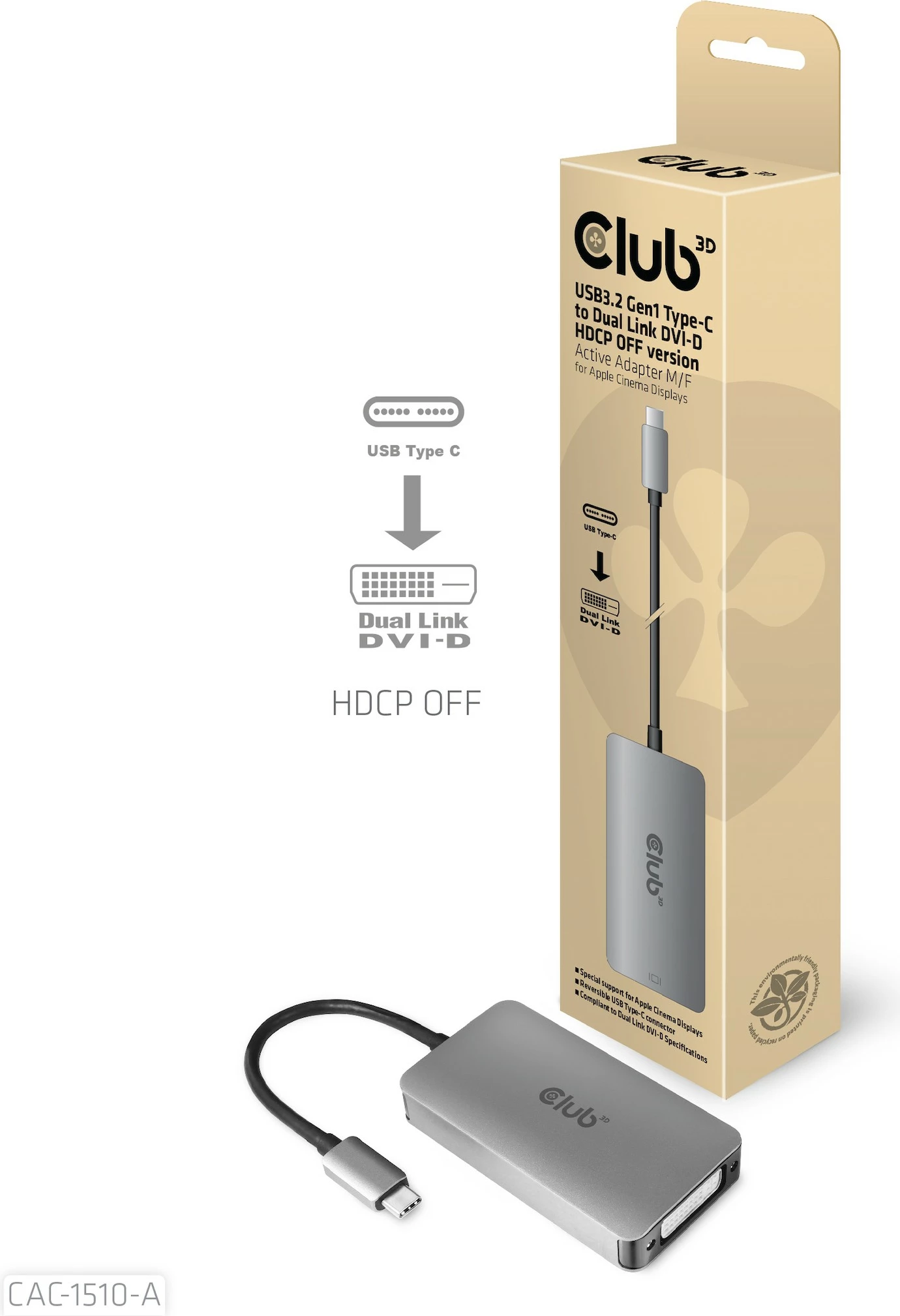 Adapter Club3D USB Type-C në DVI-D, Dual Link, 0.25m, gri