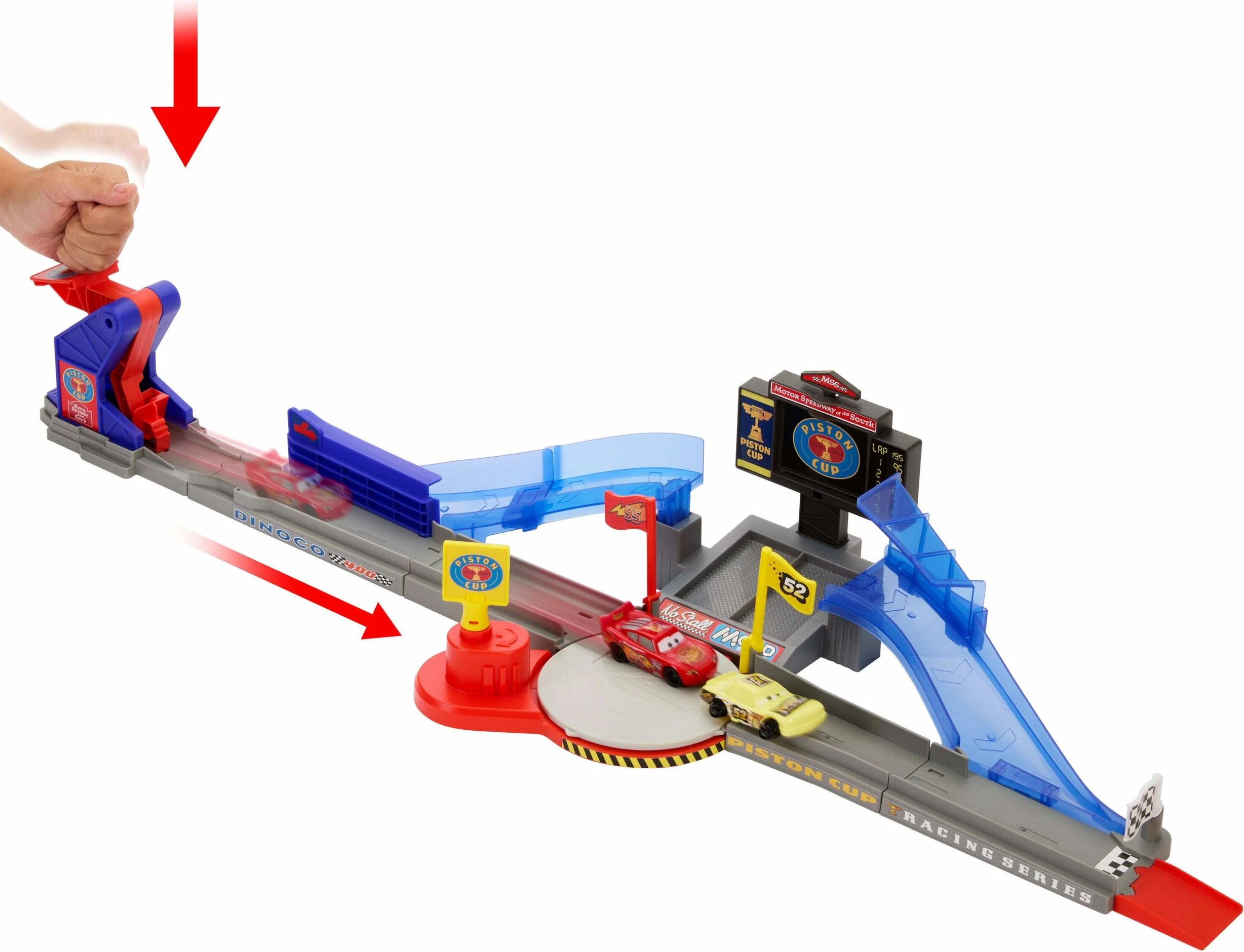 Set pistë garash/stunt Cars Mattel Golden Turbo JHL42, me veturë Zygzak McQueen, 93 cm, multikolor