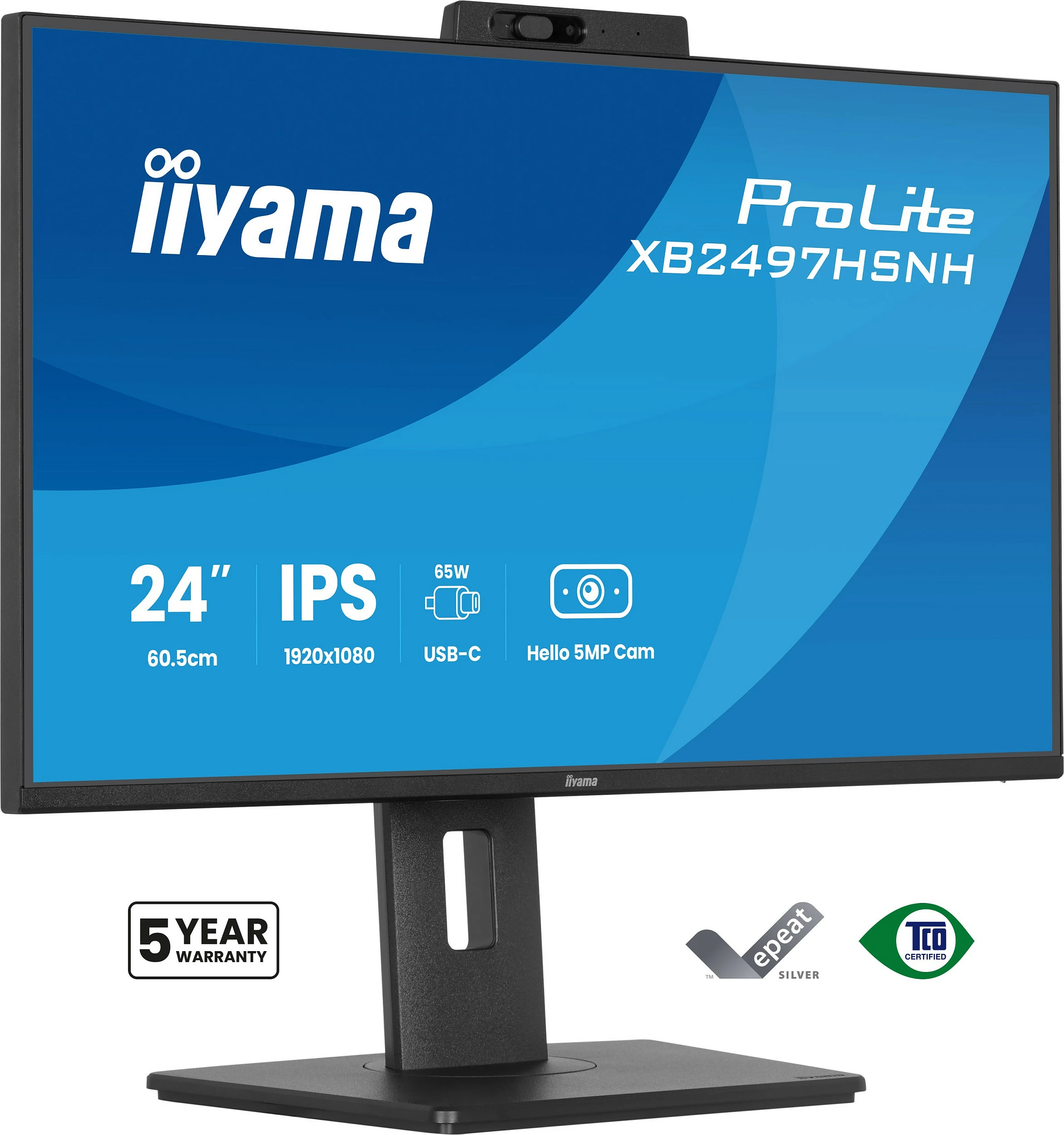 Monitor iiyama ProLite XB2497HSNH-B1, 23.8" FHD IPS, 100Hz, USB-C 65W, kamerë 5MP, i zi