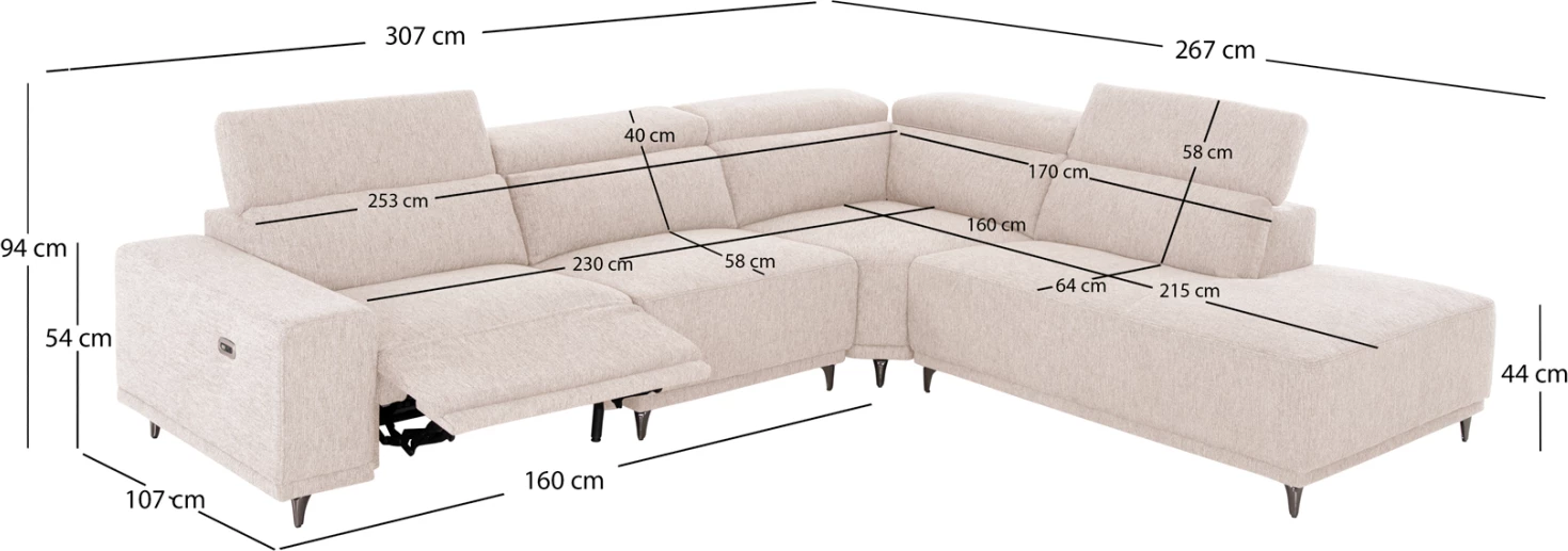 Kënd i djathtë divan 5 vende me recliner, material ecru, LUNARIS CD3316.02R, 307x267x94H