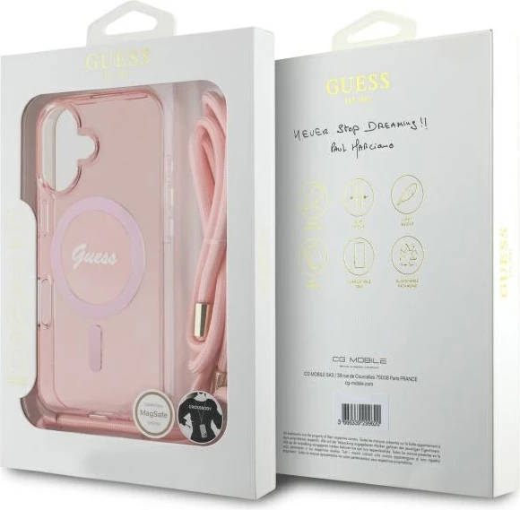 Mbështjellës Guess Crossbody Cord Script MagSafe për iPhone 16, Rozë