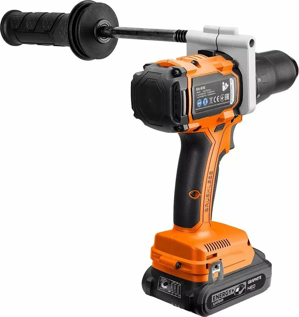 Trapan udaror/vidhosëse me bateri Neo 04-616, 18 V, brushless, 100 Nm, mandrinë 13 mm, pa bateri/pa karikues, portokalli/zi