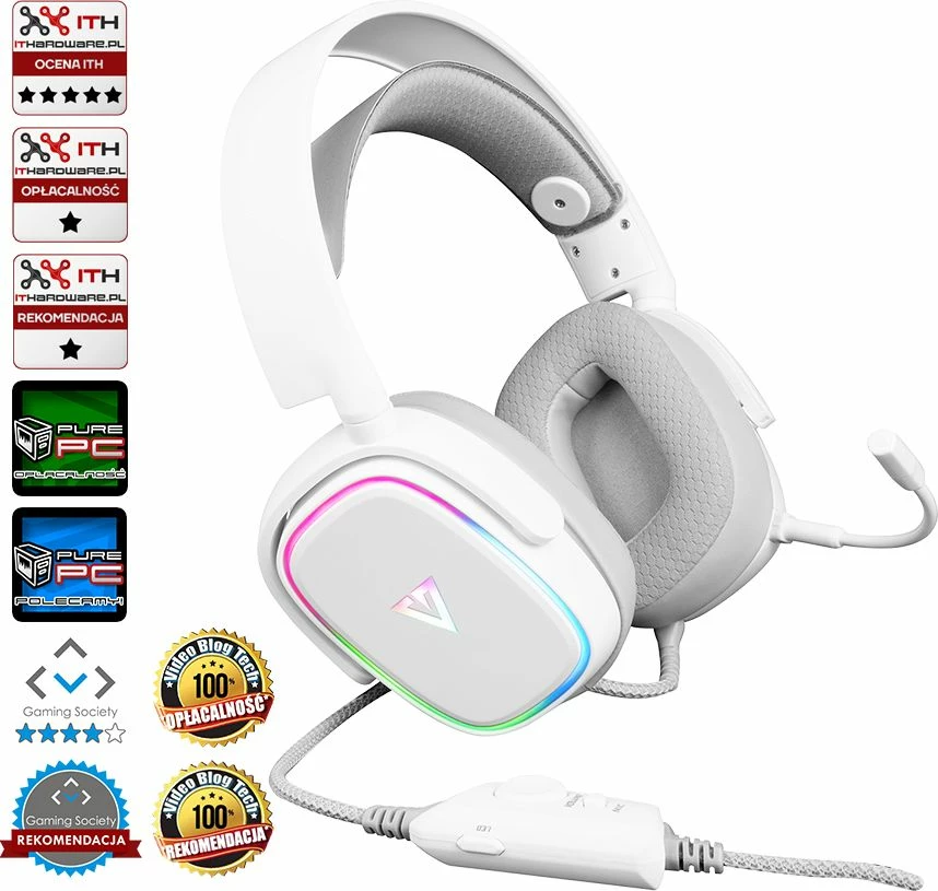 Kufje gaming Modecom Volcano MC-899 Prometheus, USB, me mikrofon të heqshëm, LED, kabllo 2.2 m, të bardha