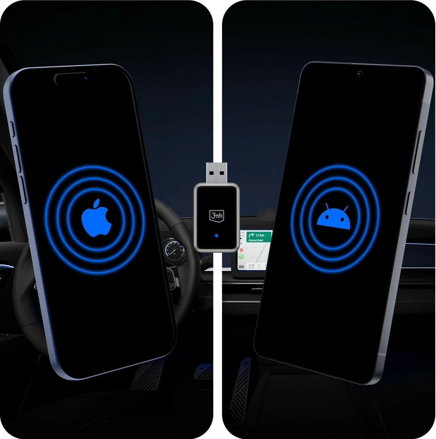 Adapter wireless 3MK DriveLink Duo, Apple CarPlay/Android Auto, Wi‑Fi 6, Bluetooth 5.4, USB‑A, gri