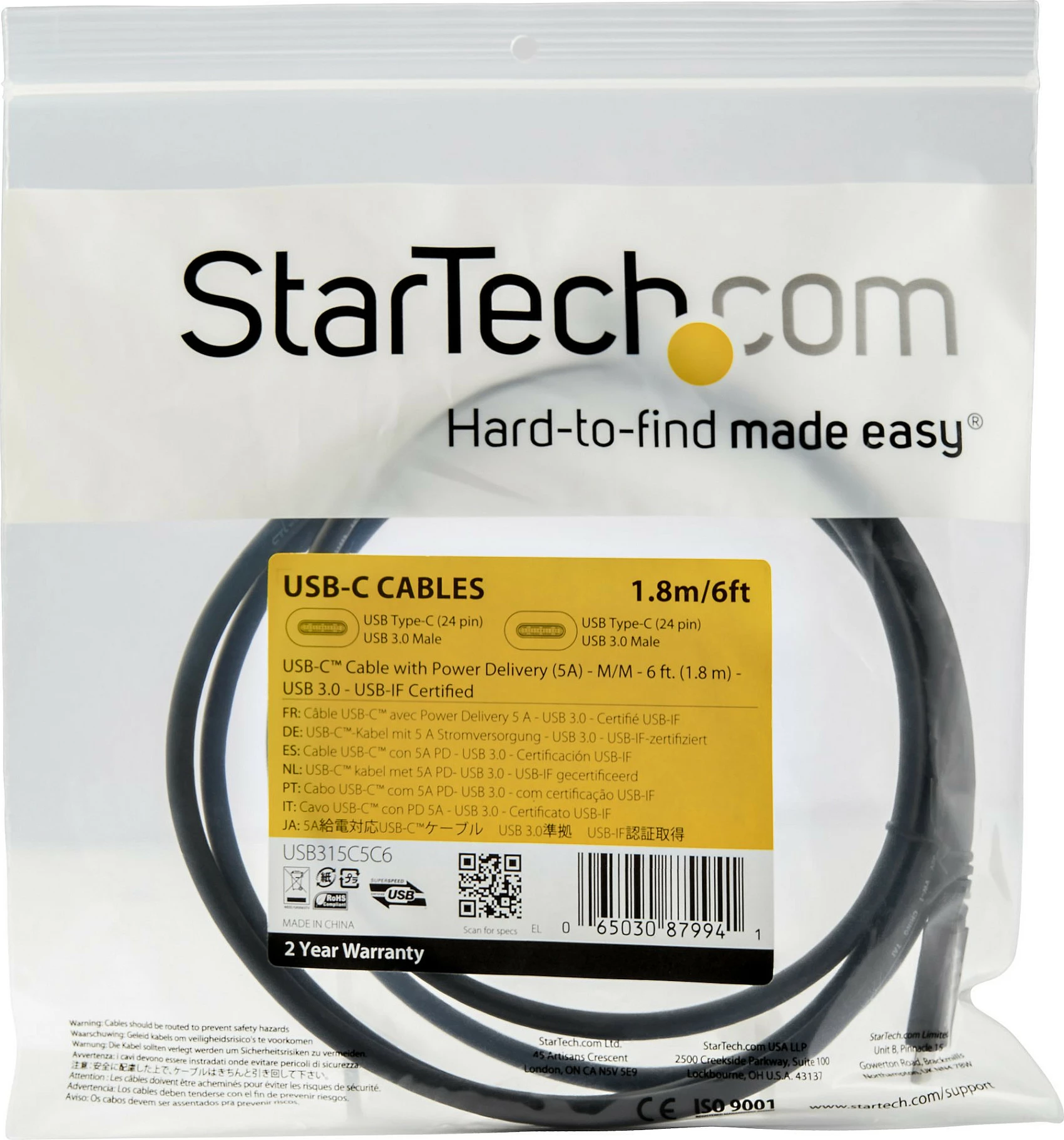 Kabllo USB-C në USB-C StarTech 1.8m, 100W PD 5A, USB 3.2 Gen 1 5Gbps, e zezë